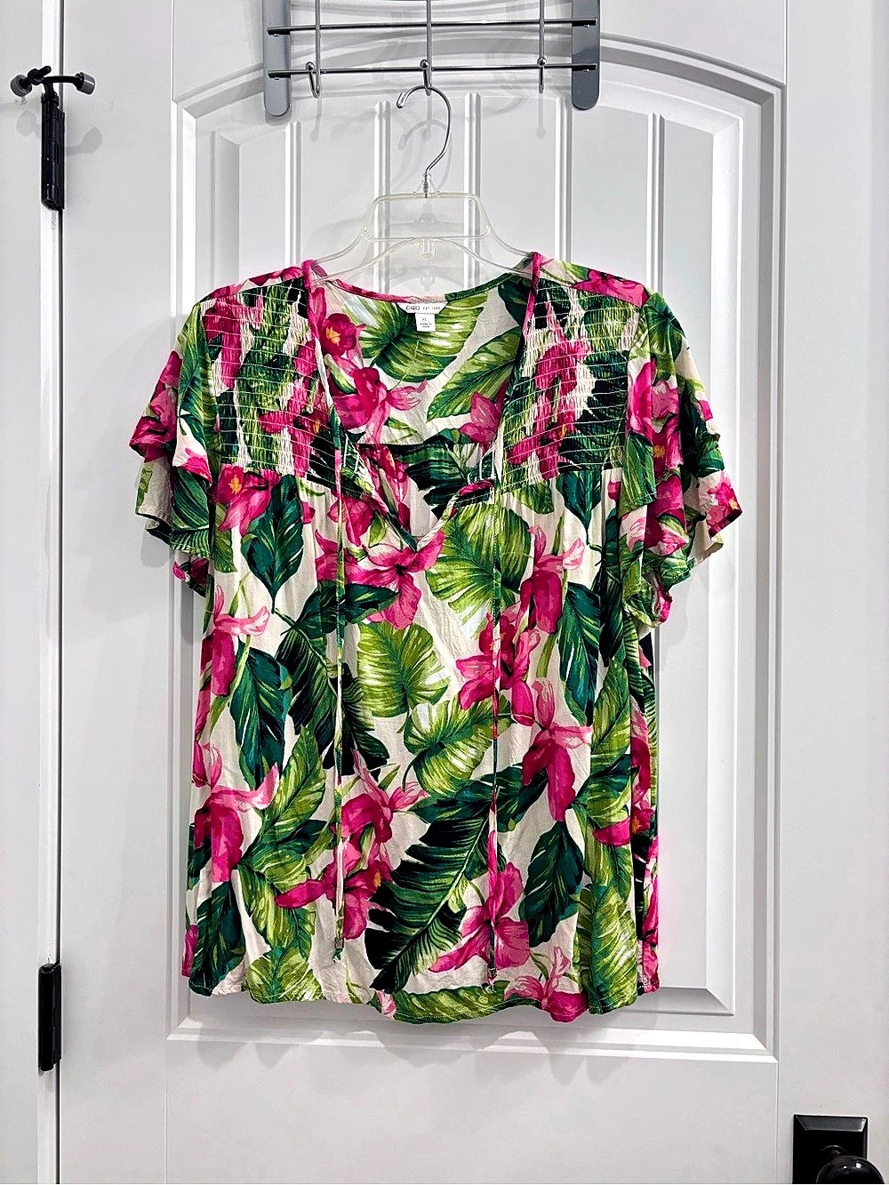 Cato Floral Short Sleeve Blouse in Green & Pink Size XL